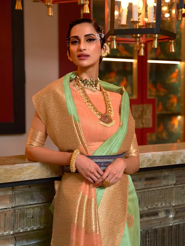 Green_Orange_Premium_Linen_Saree_With_Blouse_Piece_For_Women_&_Girls