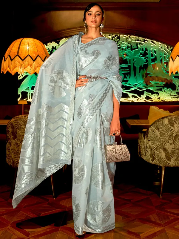 Light_Blue_Premium_Organza_Saree_With_Blouse_Piece_For_Women_&_Girls