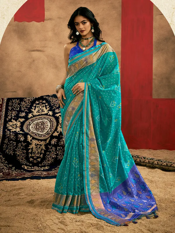 Sky_Blue_Premium_Patola_Saree_With_Blouse_Piece_For_Women_&_Girls