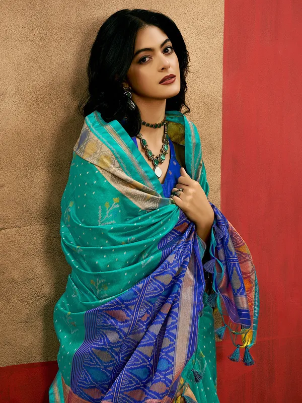 Sky_Blue_Premium_Patola_Saree_With_Blouse_Piece_For_Women_&_Girls