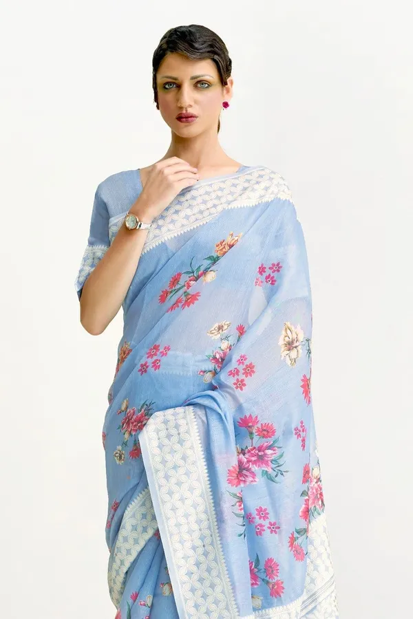 Light_Sky_Blue_Premium_Chikankari_Saree_With_Blouse_Piece_For_Women_&_Girls