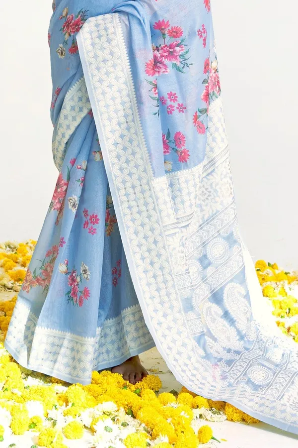 Light_Sky_Blue_Premium_Chikankari_Saree_With_Blouse_Piece_For_Women_&_Girls