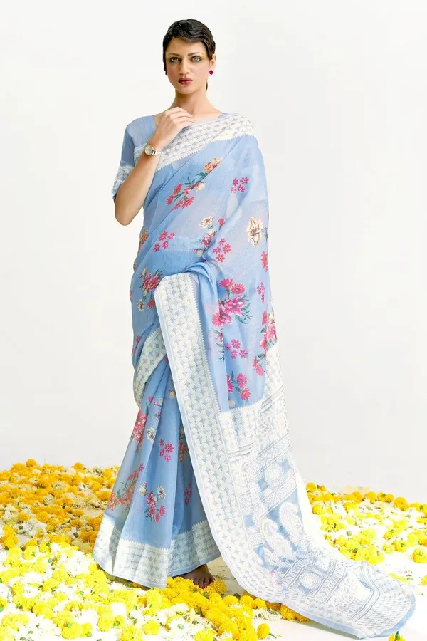 Light_Sky_Blue_Premium_Chikankari_Saree_With_Blouse_Piece_For_Women_&_Girls