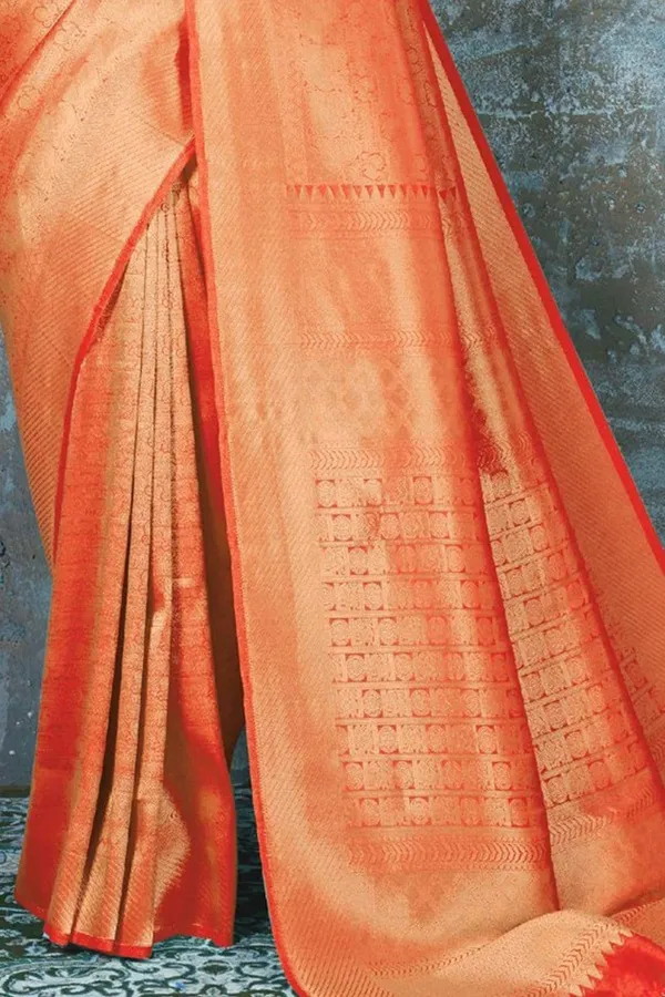 Bright_Orange_Premium_Kanjivaram_Saree_With_Blouse_Piece_For_Women_&_Girls