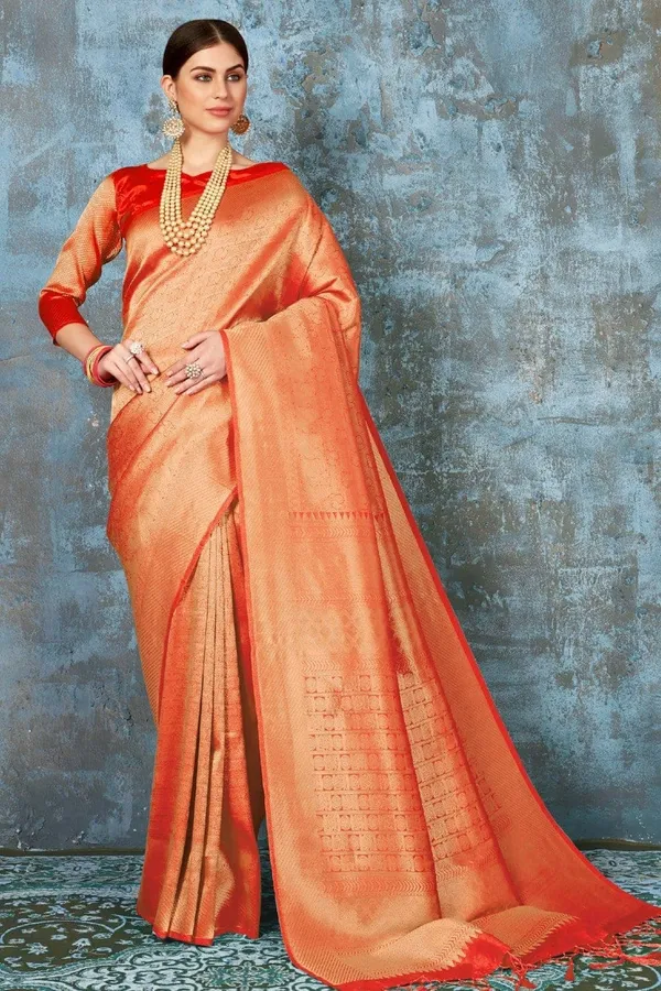 Bright_Orange_Premium_Kanjivaram_Saree_With_Blouse_Piece_For_Women_&_Girls
