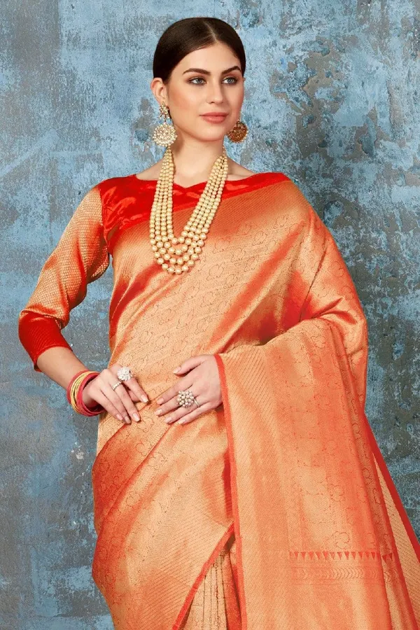 Bright_Orange_Premium_Kanjivaram_Saree_With_Blouse_Piece_For_Women_&_Girls