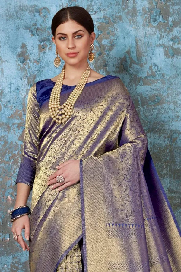 Navy_Blue_Premium_Kanjivaram_Saree_With_Blouse_Piece_For_Women_&_Girls