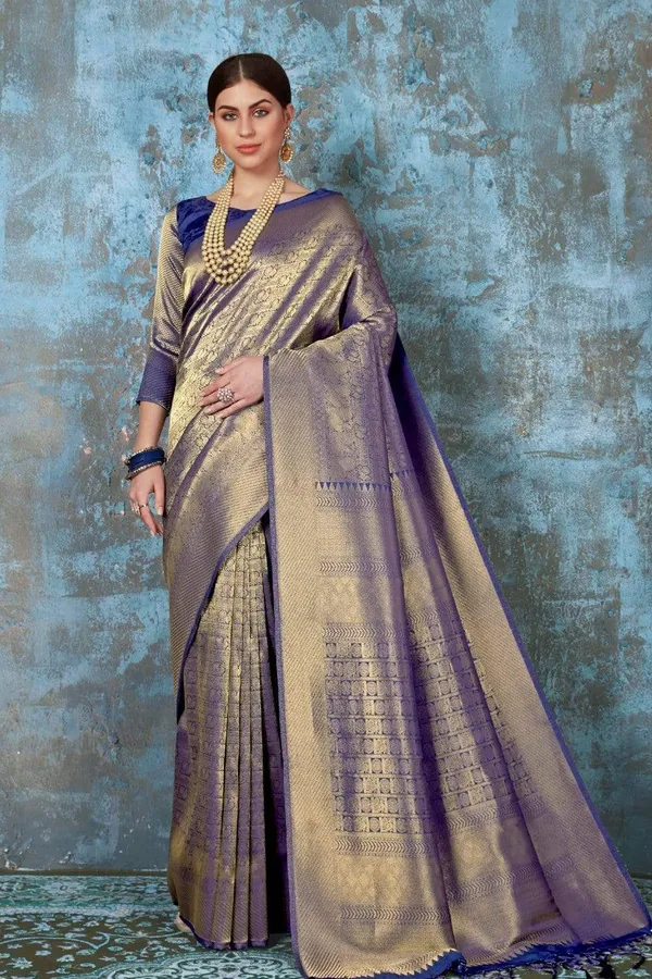 Navy_Blue_Premium_Kanjivaram_Saree_With_Blouse_Piece_For_Women_&_Girls