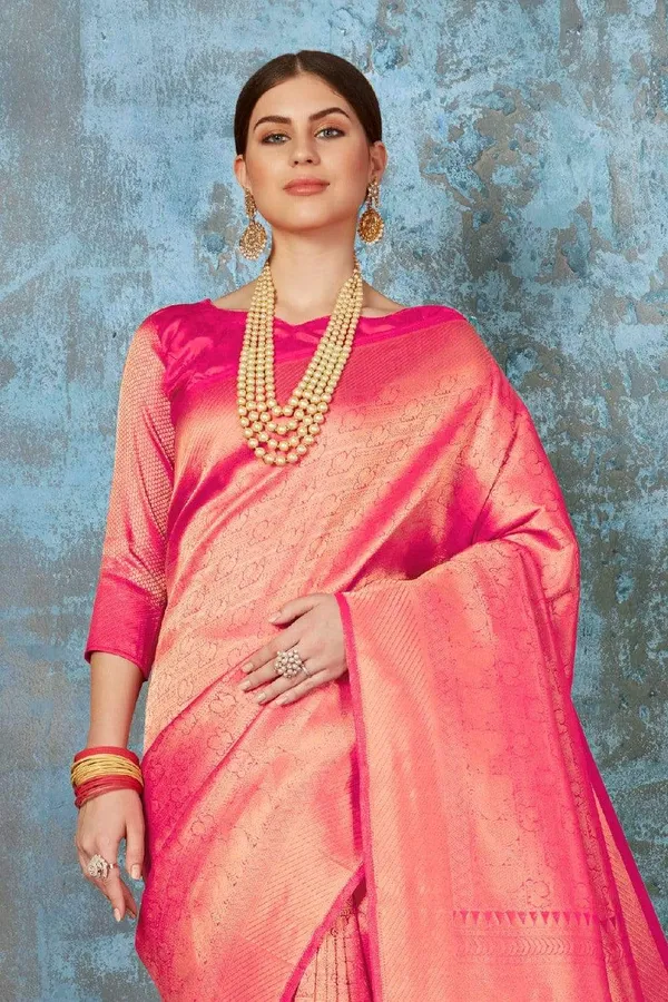 Watermelon_Pink_Premium_Kanjivaram_Saree_With_Blouse_Piece_For_Women_&_Girls