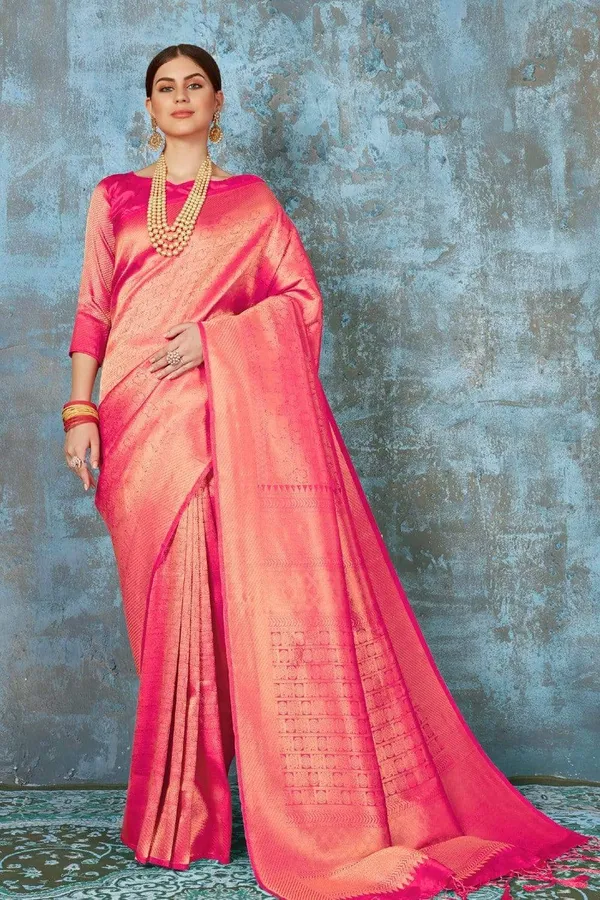 Watermelon_Pink_Premium_Kanjivaram_Saree_With_Blouse_Piece_For_Women_&_Girls