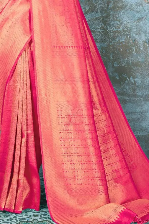 Watermelon_Pink_Premium_Kanjivaram_Saree_With_Blouse_Piece_For_Women_&_Girls