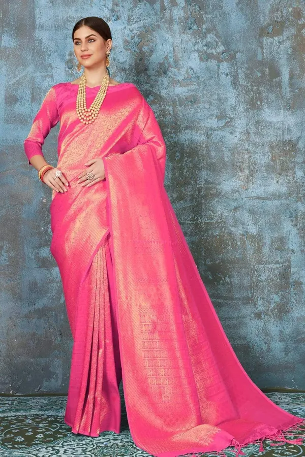 Bright_Baby_Pink_Premium_Kanjivaram_Saree_With_Blouse_Piece_For_Women_&_Girls