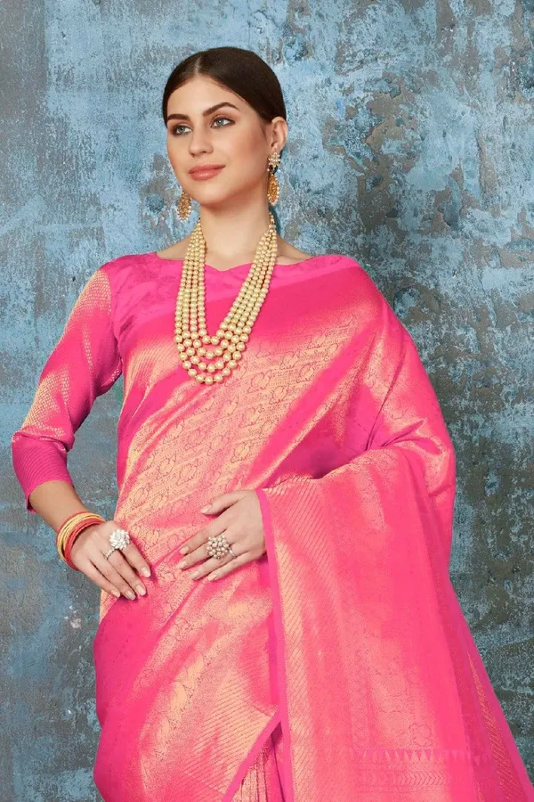 Bright_Baby_Pink_Premium_Kanjivaram_Saree_With_Blouse_Piece_For_Women_&_Girls
