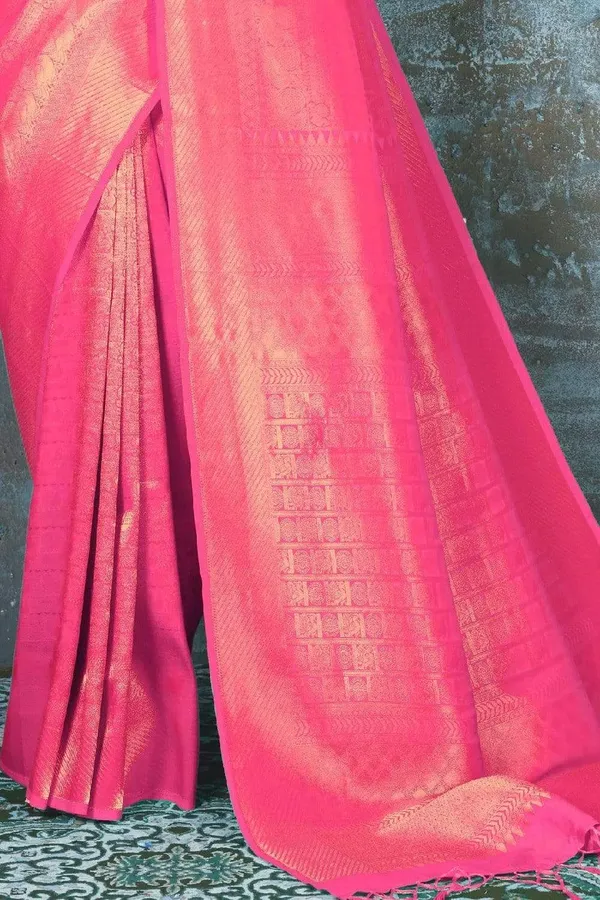 Bright_Baby_Pink_Premium_Kanjivaram_Saree_With_Blouse_Piece_For_Women_&_Girls