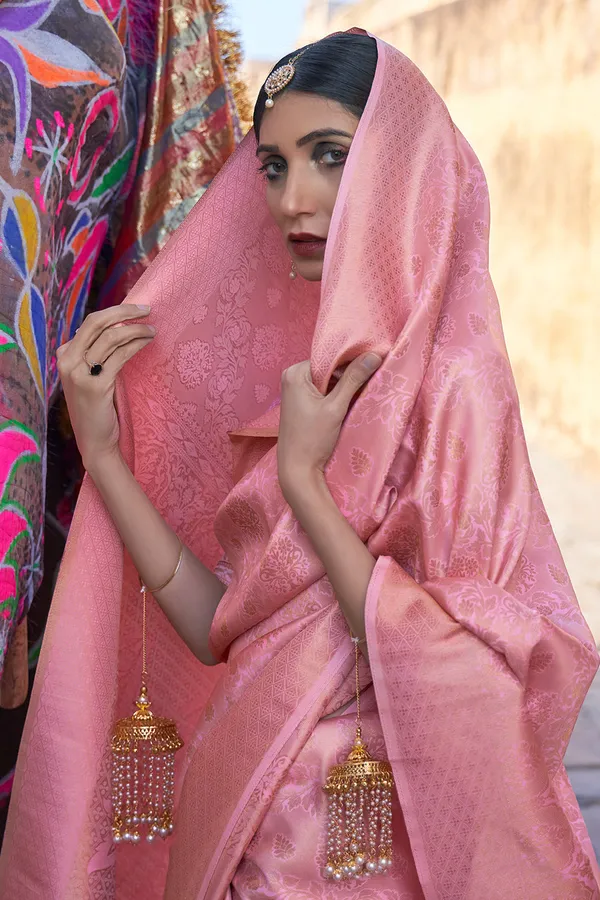 Watermelon_Pink_Premium_Kanjivaram_Saree_With_Blouse_Piece_For_Women_&_Girls