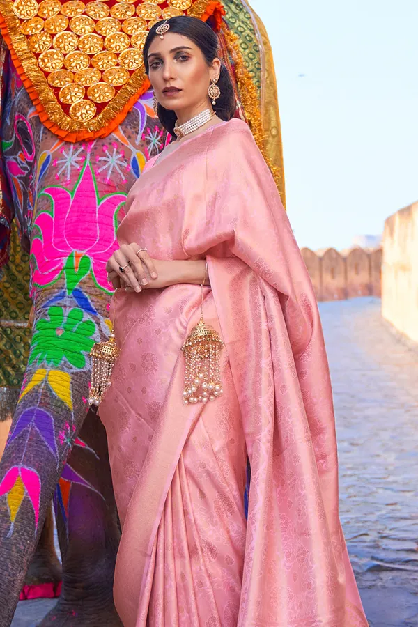 Watermelon_Pink_Premium_Kanjivaram_Saree_With_Blouse_Piece_For_Women_&_Girls