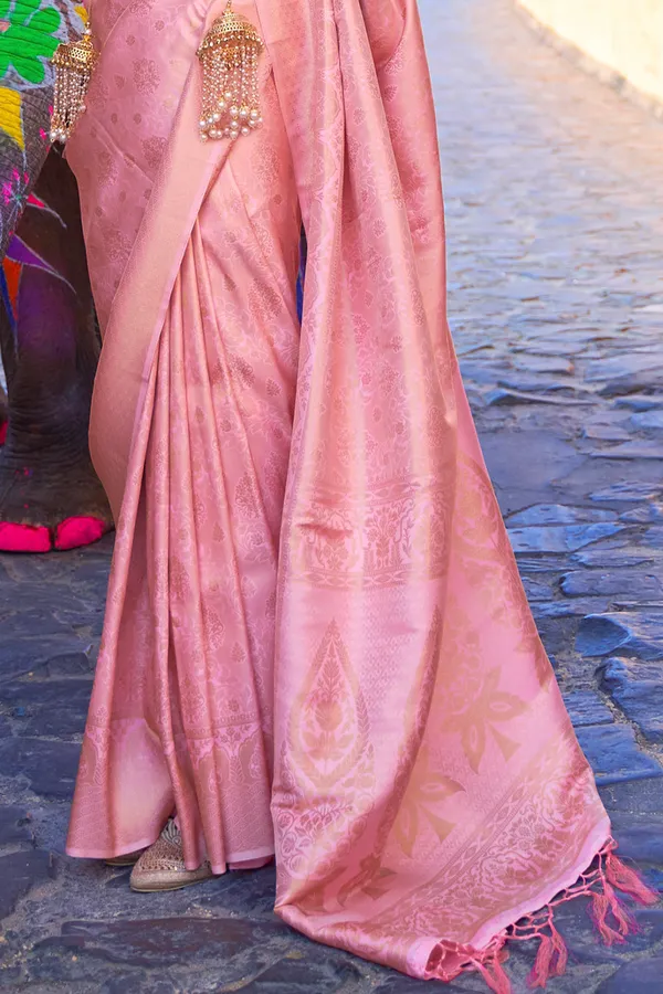 Watermelon_Pink_Premium_Kanjivaram_Saree_With_Blouse_Piece_For_Women_&_Girls