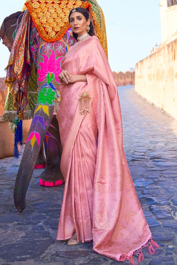 Watermelon_Pink_Premium_Kanjivaram_Saree_With_Blouse_Piece_For_Women_&_Girls