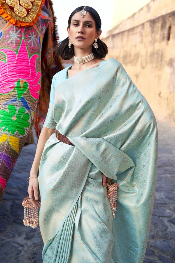 Baby_Blue_Premium_Kanjivaram_Saree_With_Blouse_Piece_For_Women_&_Girls
