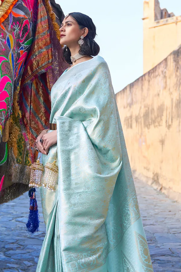 Baby_Blue_Premium_Kanjivaram_Saree_With_Blouse_Piece_For_Women_&_Girls