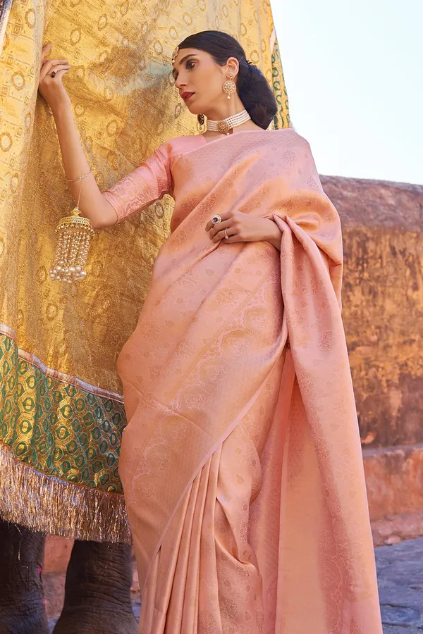 Peach_Premium_Kanjivaram_Saree_With_Blouse_Piece_For_Women_&_Girls