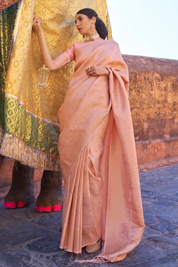 Peach_Premium_Kanjivaram_Saree_With_Blouse_Piece_For_Women_&_Girls