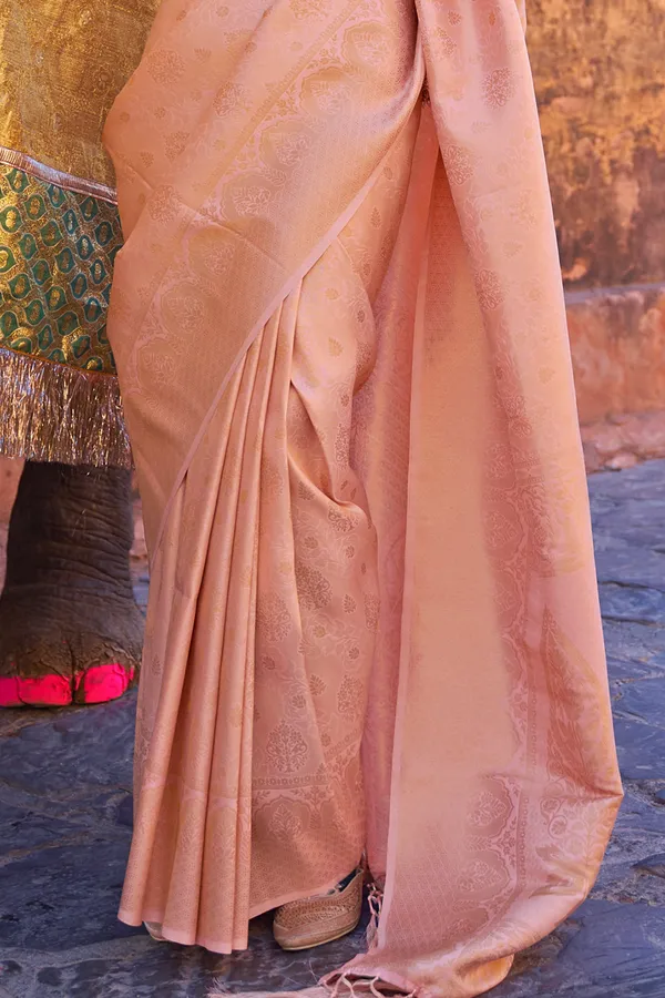 Peach_Premium_Kanjivaram_Saree_With_Blouse_Piece_For_Women_&_Girls