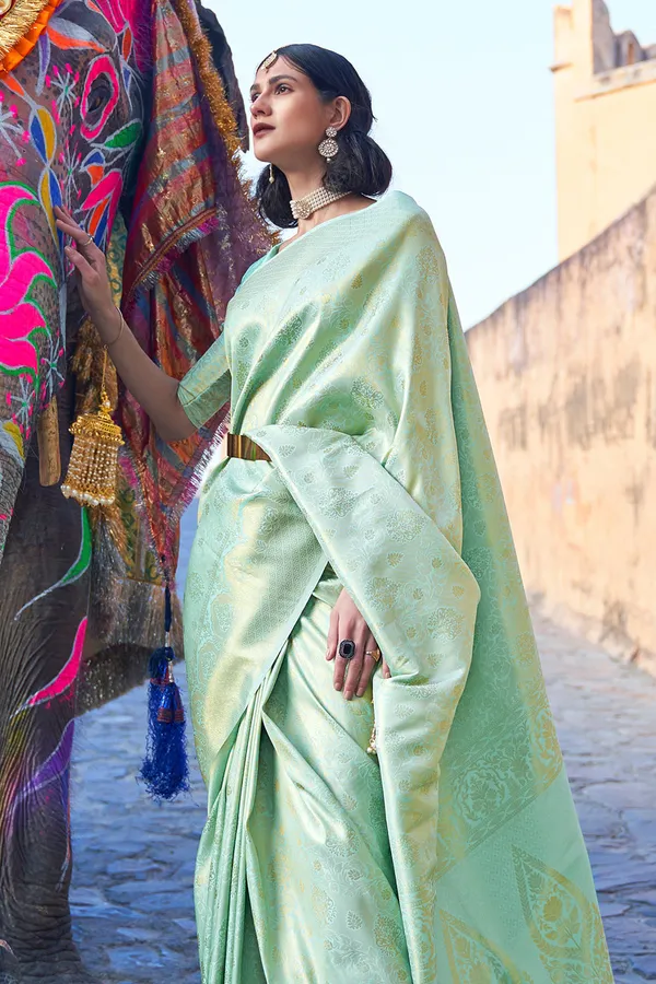 Mint_Green_Premium_Kanjivaram_Saree_With_Blouse_Piece_For_Women_&_Girls