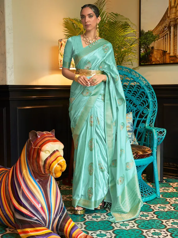 Sky_Blue_Premium_Satin_Silk_With_Blouse_Piece_For_Women_&_Girls