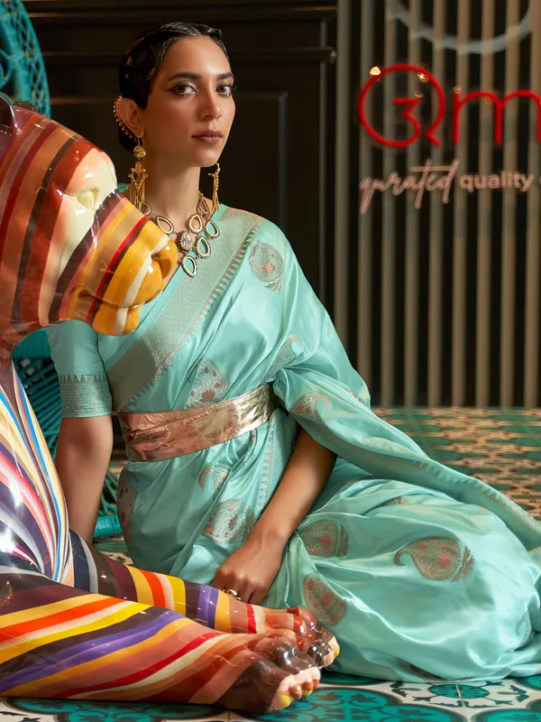 Sky_Blue_Premium_Satin_Silk_With_Blouse_Piece_For_Women_&_Girls