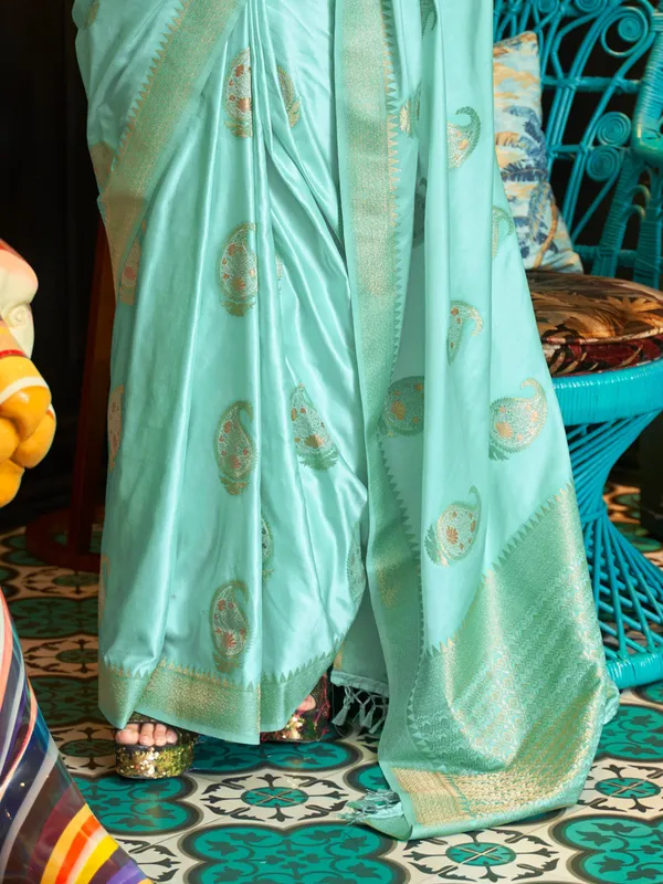 Sky_Blue_Premium_Satin_Silk_With_Blouse_Piece_For_Women_&_Girls