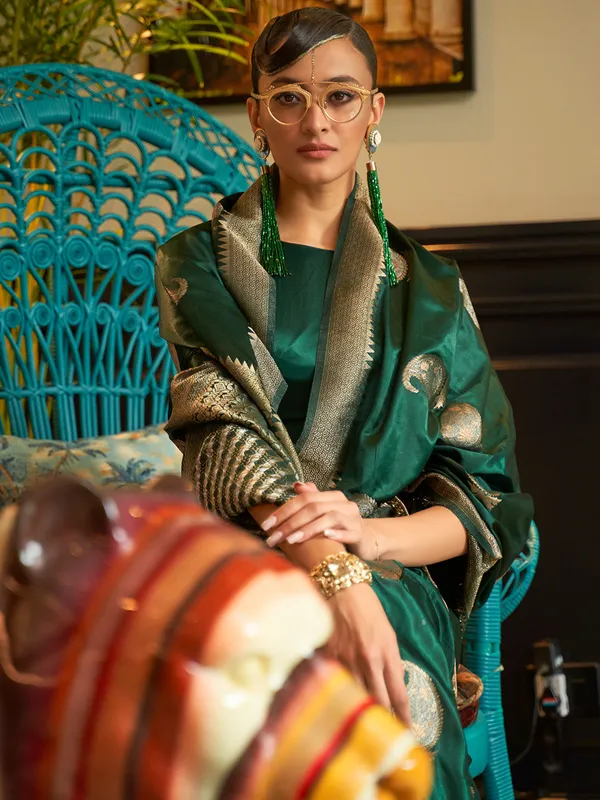 Dark_Green_Premium_Satin_Silk_With_Blouse_Piece_For_Women_&_Girls