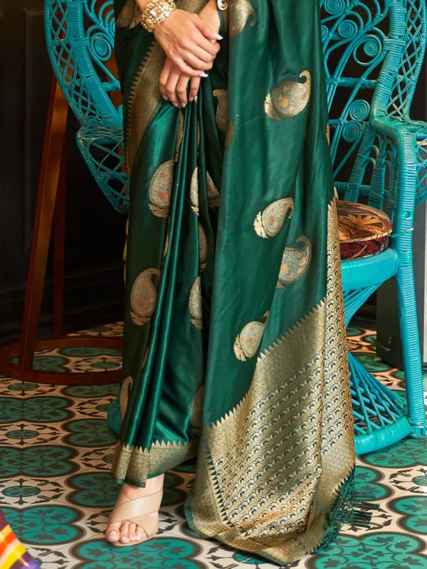 Dark_Green_Premium_Satin_Silk_With_Blouse_Piece_For_Women_&_Girls