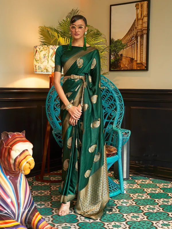 Dark_Green_Premium_Satin_Silk_With_Blouse_Piece_For_Women_&_Girls