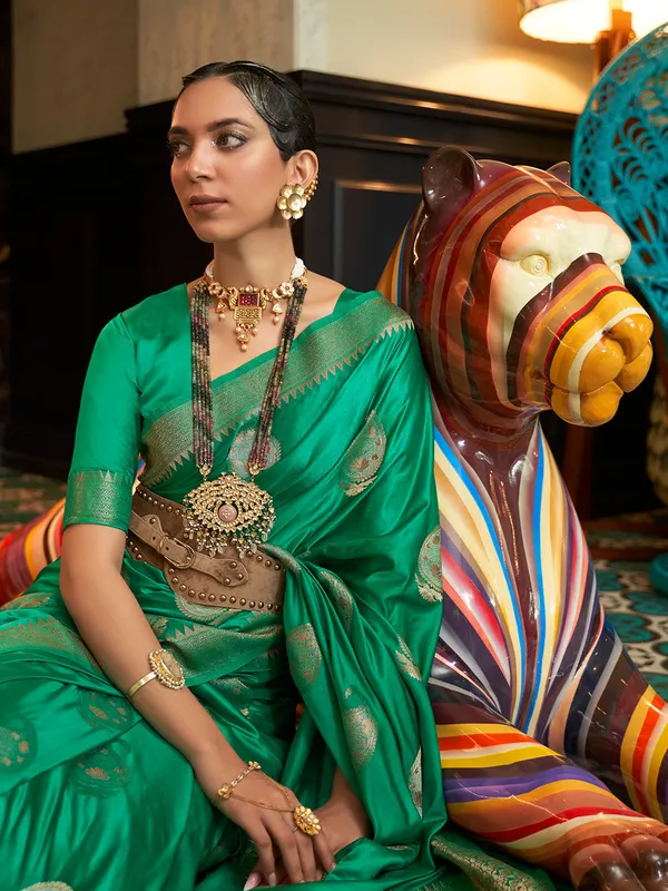 Forest_Green_Premium_Satin_Silk_With_Blouse_Piece_For_Women_&_Girls