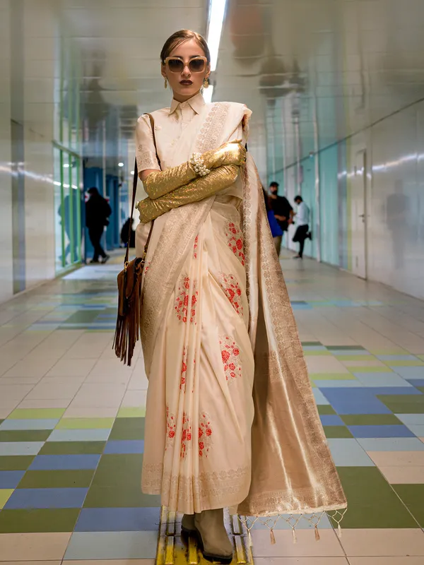 Cream_Premium_Katan_Silk_With_Blouse_Piece_For_Women_&_Girls