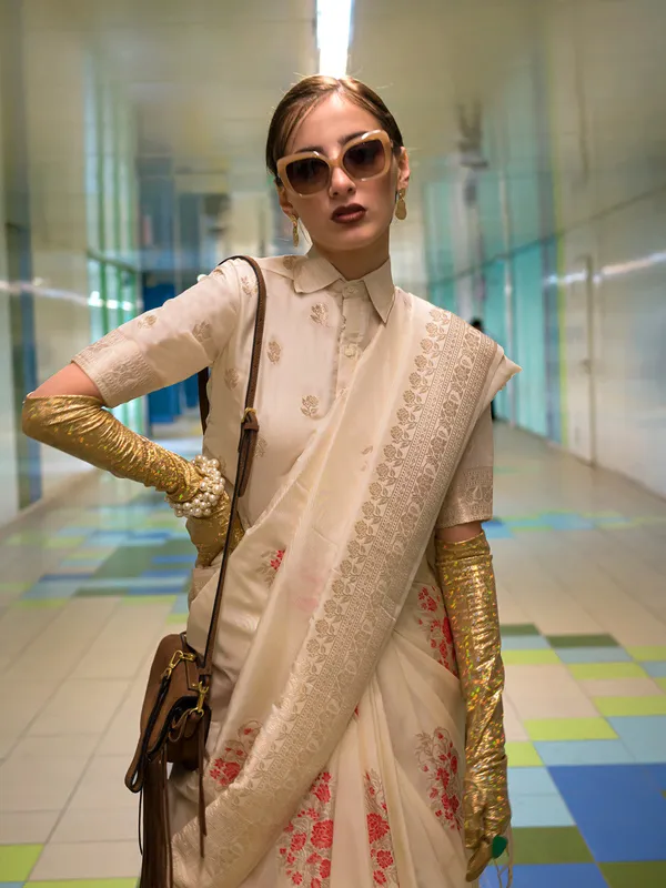 Cream_Premium_Katan_Silk_With_Blouse_Piece_For_Women_&_Girls