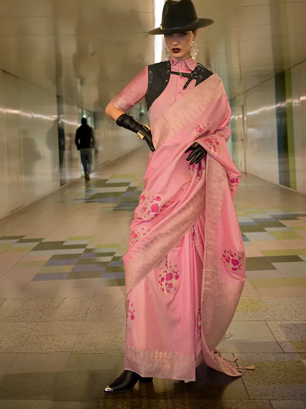 Pink_Premium_Katan_Silk_With_Blouse_Piece_For_Women_&_Girls