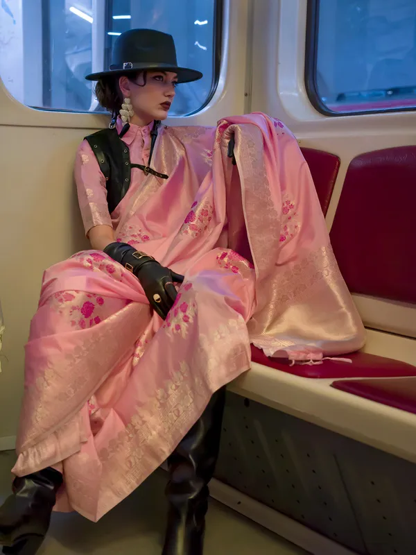 Pink_Premium_Katan_Silk_With_Blouse_Piece_For_Women_&_Girls
