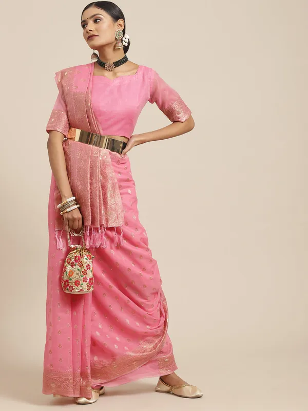 Pink_Premium_Banarasi_Soft_Silk_With_Blouse_Piece_For_Women_&_Girls