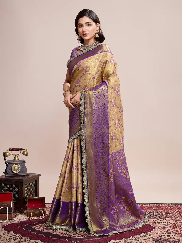 Light_Yellow_Saree_With_Wine_Premium_Semi_Silk_With_Blouse_Piece_For_Women_&_Girls