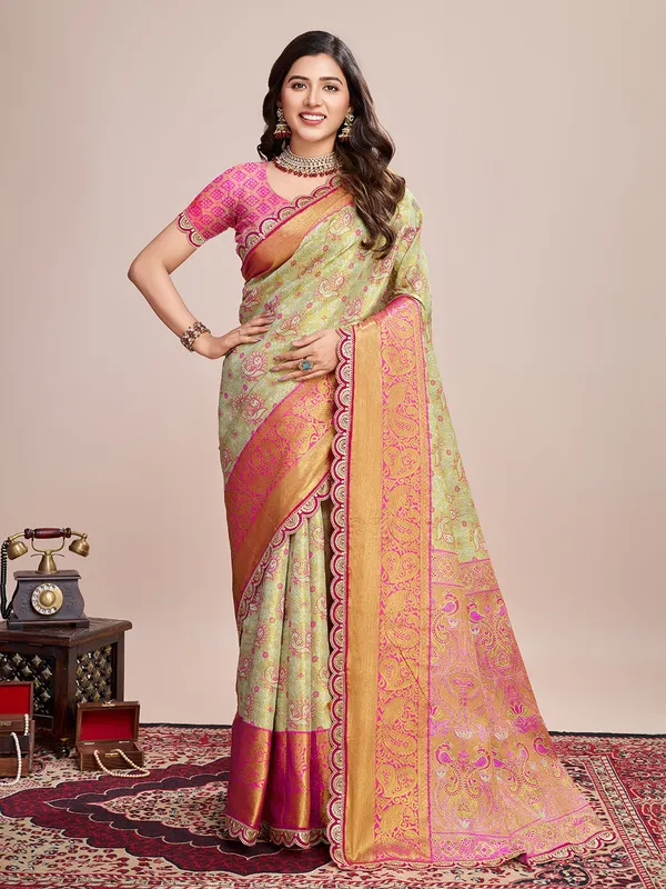 Green_And_Orange_Premium_Semi_Silk_With_Blouse_Piece_For_Women_&_Girls