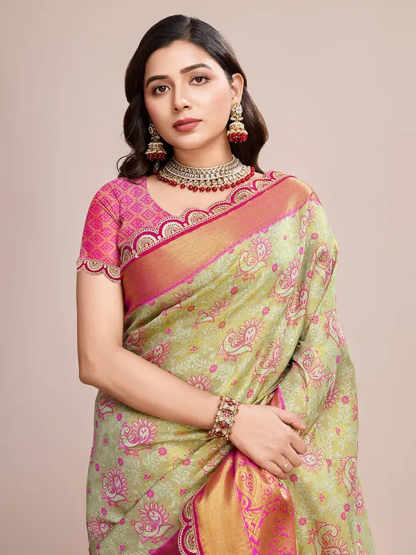 Green_And_Orange_Premium_Semi_Silk_With_Blouse_Piece_For_Women_&_Girls