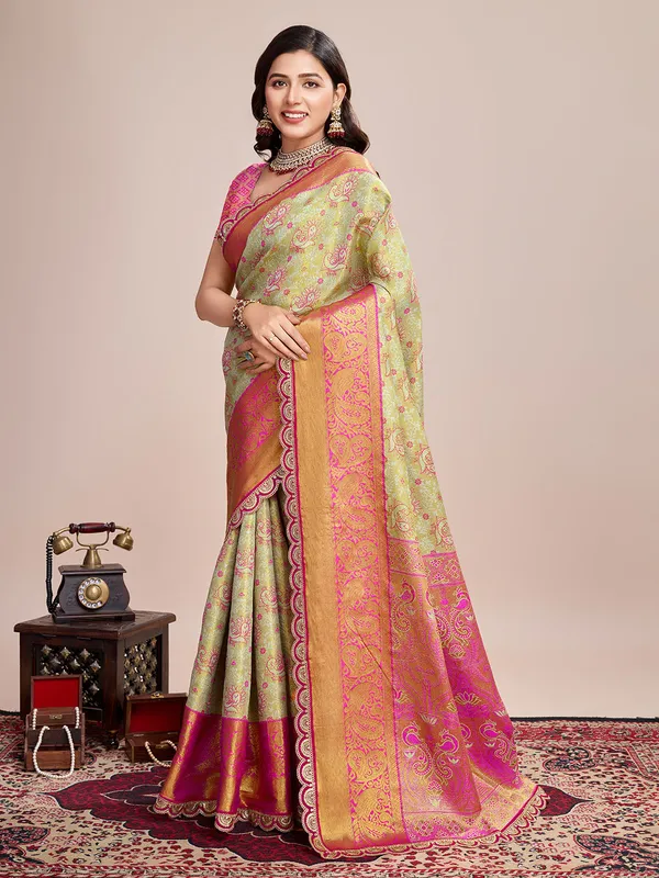 Green_And_Orange_Premium_Semi_Silk_With_Blouse_Piece_For_Women_&_Girls
