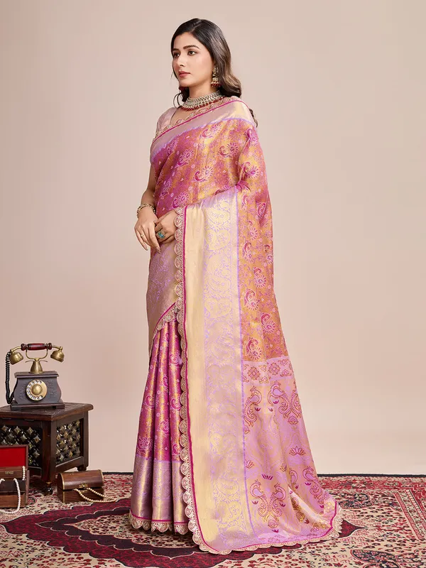 Pink_Premium_Semi_Silk_With_Blouse_Piece_For_Women_&_Girls