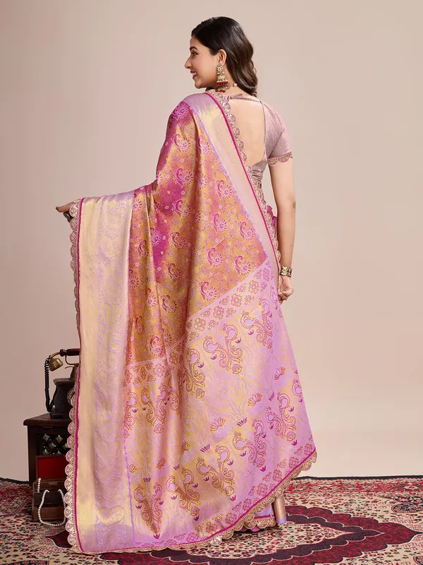 Pink_Premium_Semi_Silk_With_Blouse_Piece_For_Women_&_Girls