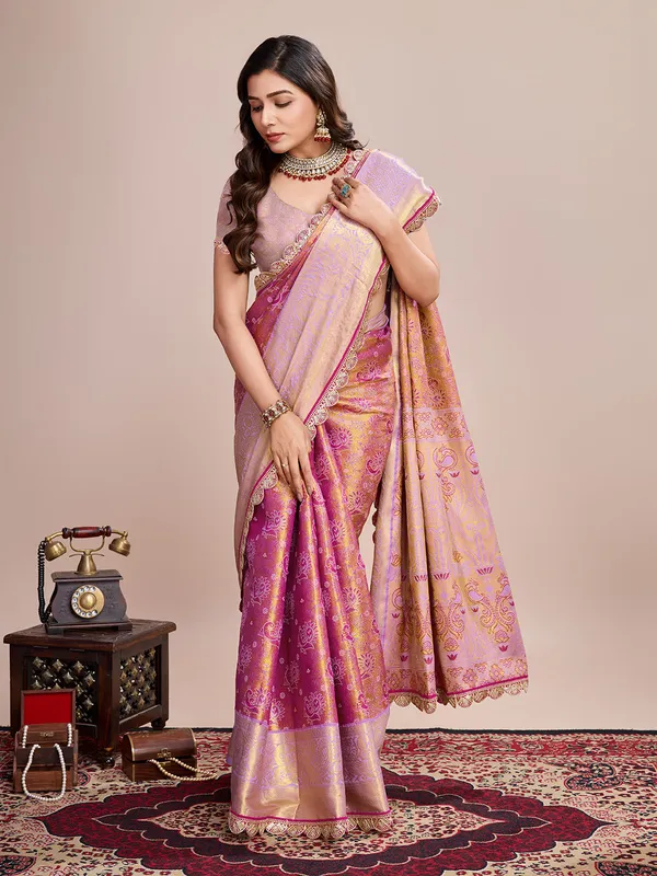 Pink_Premium_Semi_Silk_With_Blouse_Piece_For_Women_&_Girls