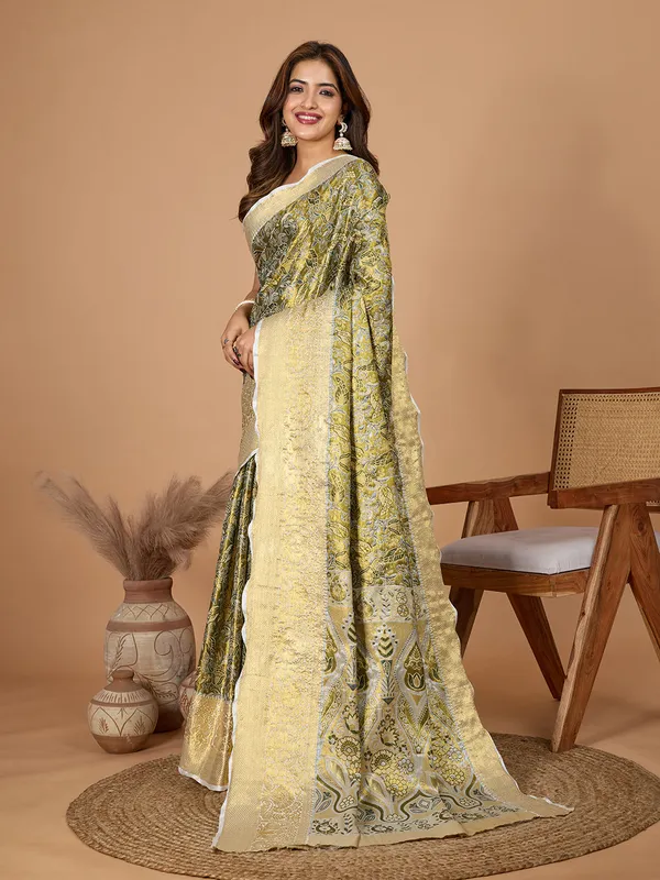 Mehandi_Green_Premium_Semi_Silk_With_Blouse_Piece_For_Women_&_Girls