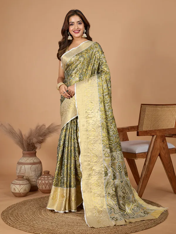 Mehandi_Green_Premium_Semi_Silk_With_Blouse_Piece_For_Women_&_Girls