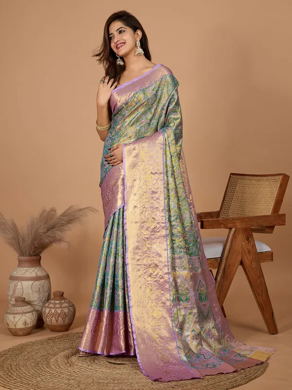 Green_Gold_Premium_Semi_Silk_With_Blouse_Piece_For_Women_&_Girls